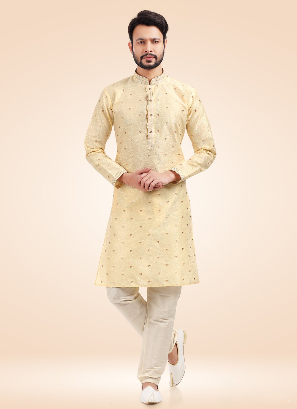 Kurta Pyjama Brocade Jacquard Silk Cream Fancy Work Mens