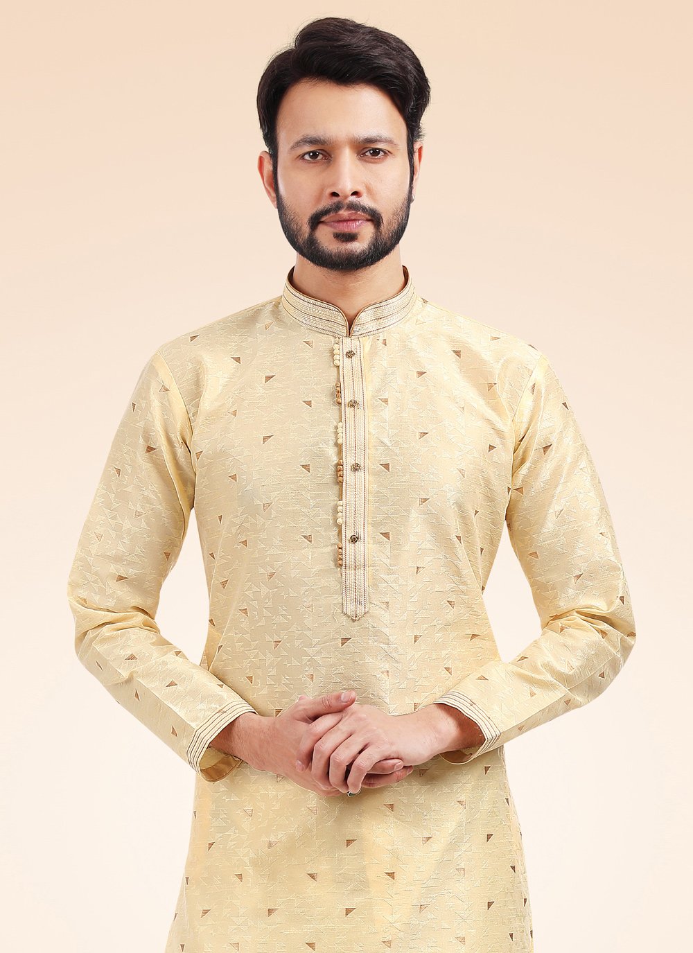 Kurta Pyjama Brocade Jacquard Silk Cream Fancy Work Mens