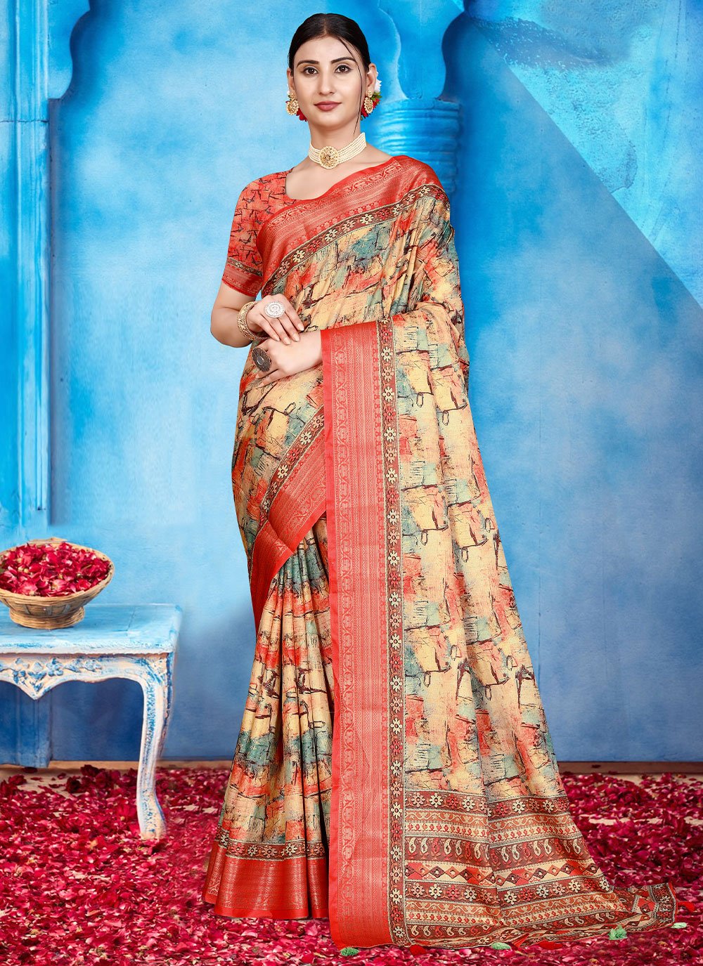 Classic Tussar Silk Cream Patch Border Saree