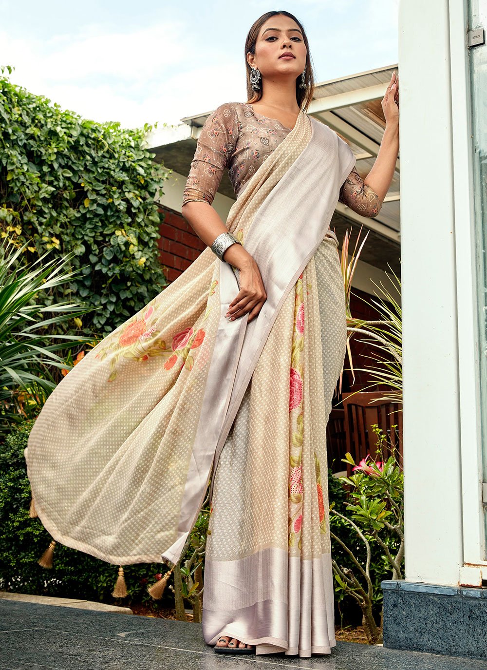 Classic Brasso Cream Fancy Work Saree