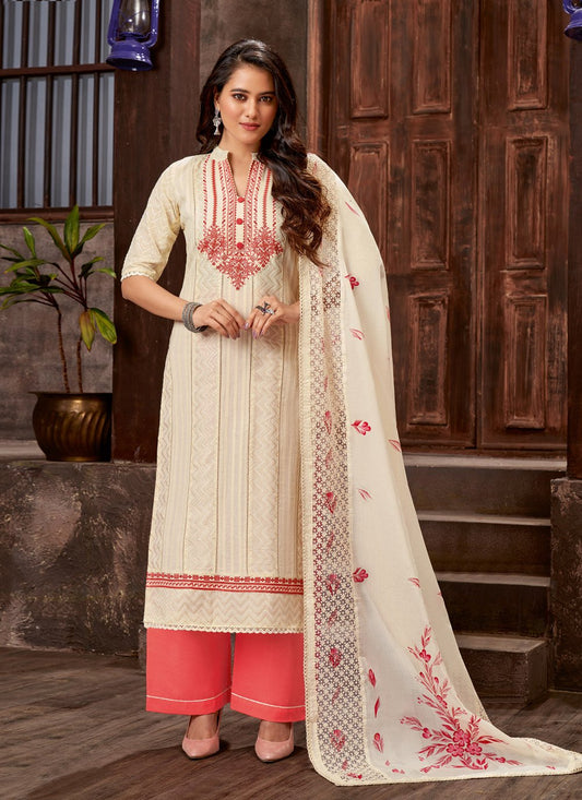 Palazzo Salwar Suit Cotton Satin Cream Embroidered Salwar Kameez