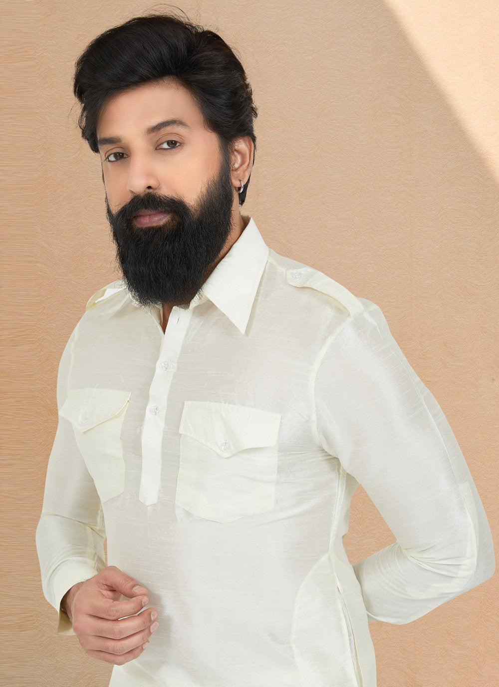 Kurta Pyjama Dupion Silk Cream Plain Mens