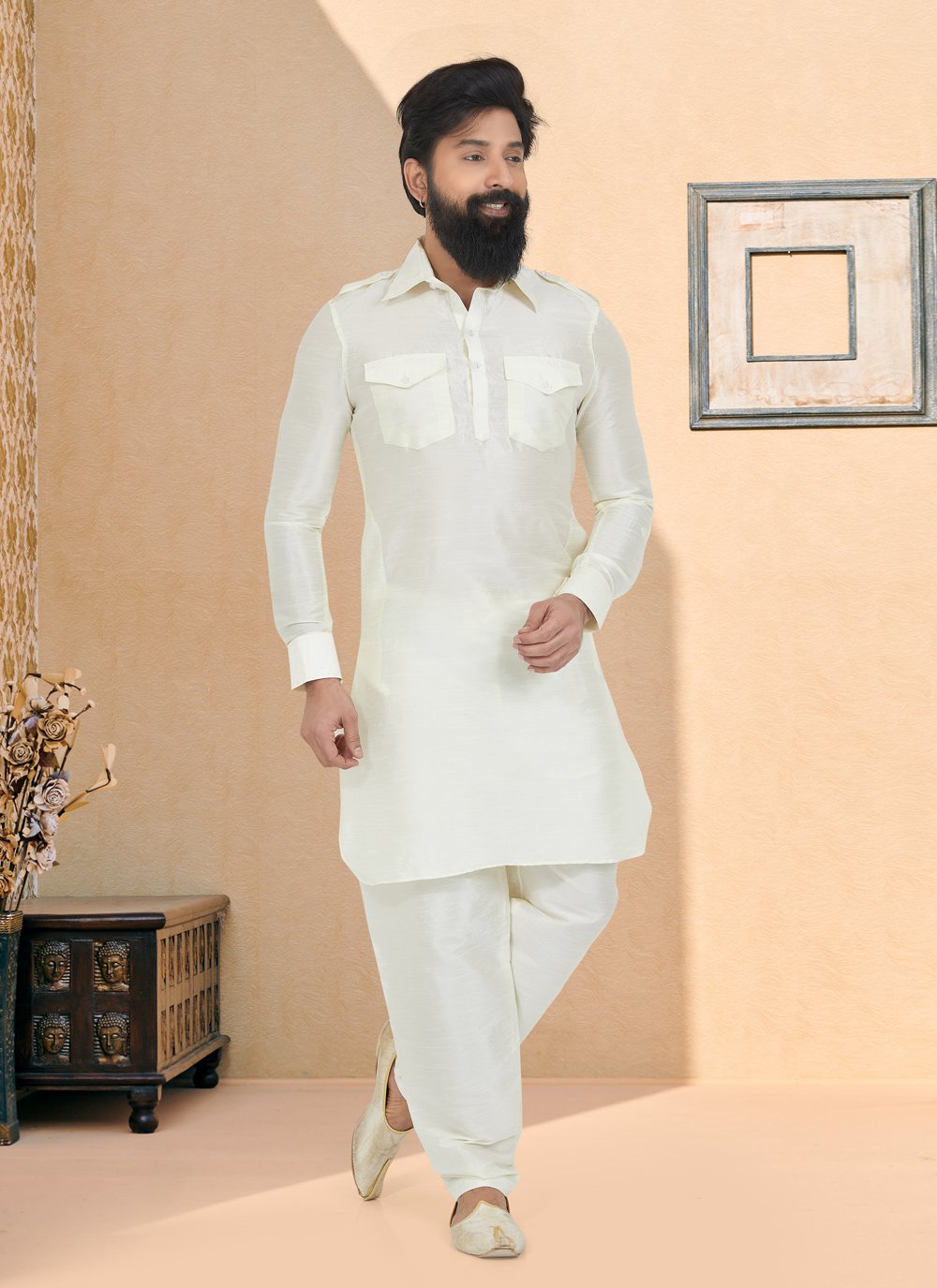 Kurta Pyjama Dupion Silk Cream Plain Mens