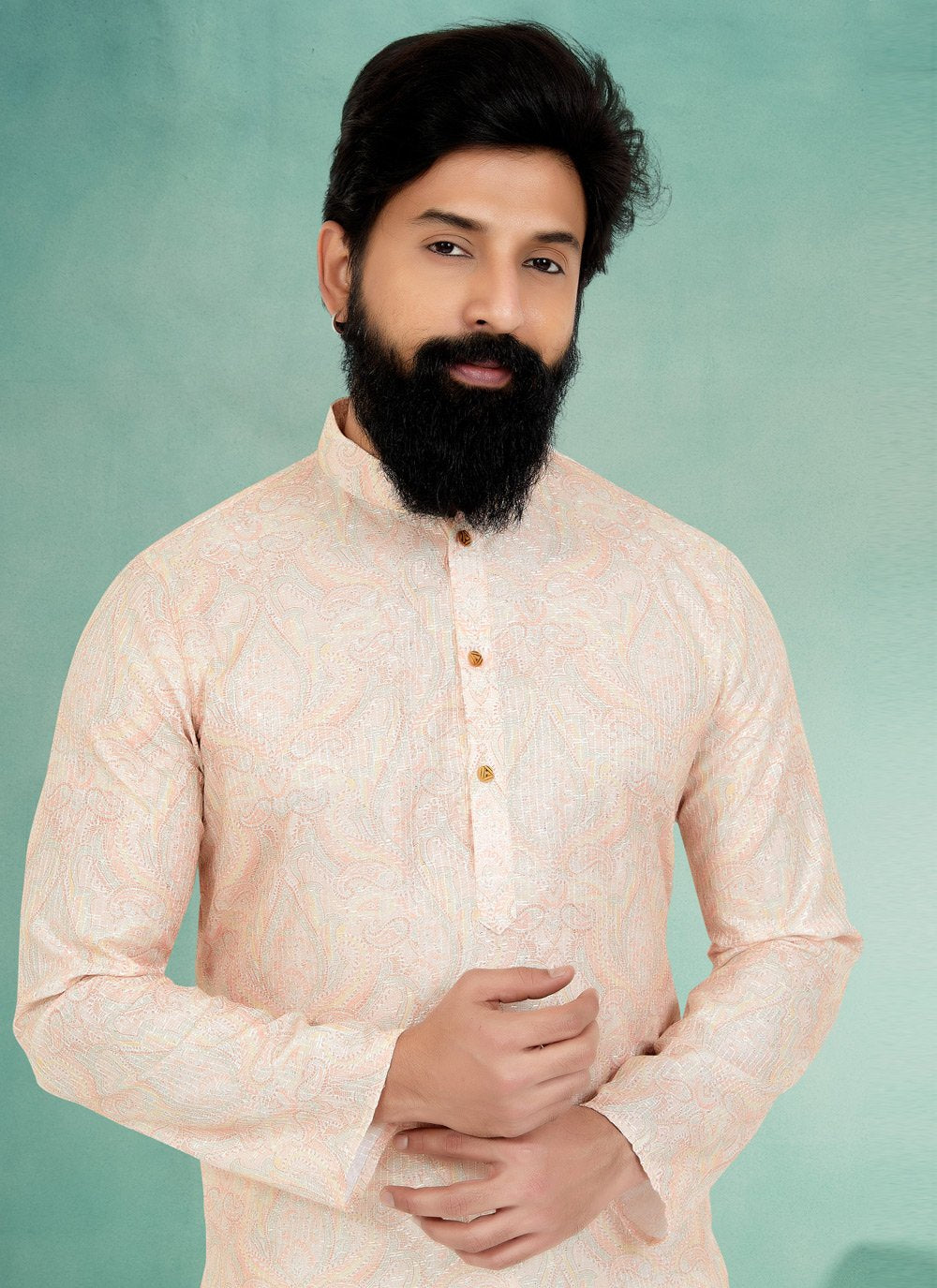 Kurta Pyjama Fancy Fabric Cream Digital Print Mens