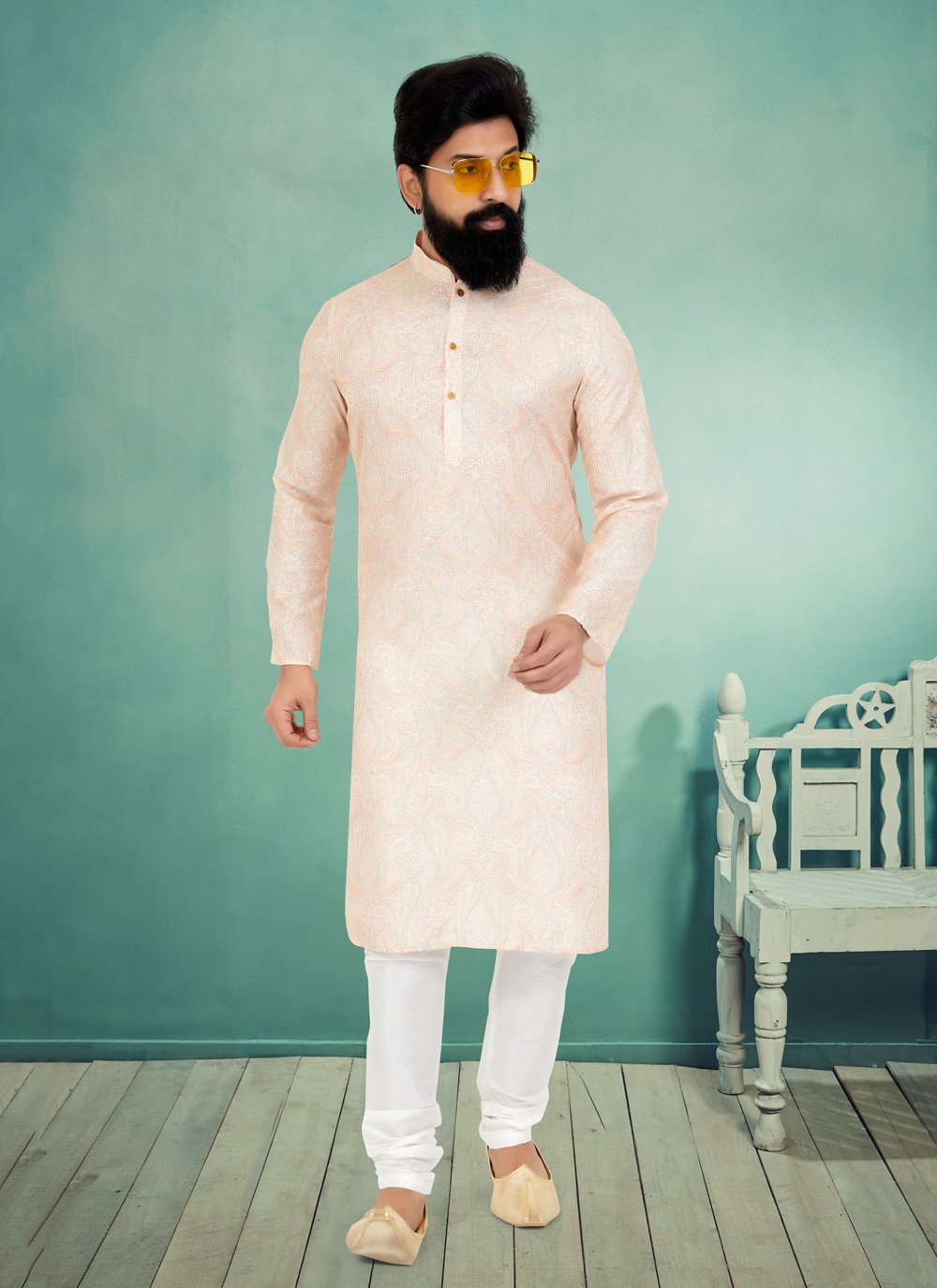 Kurta Pyjama Fancy Fabric Cream Digital Print Mens