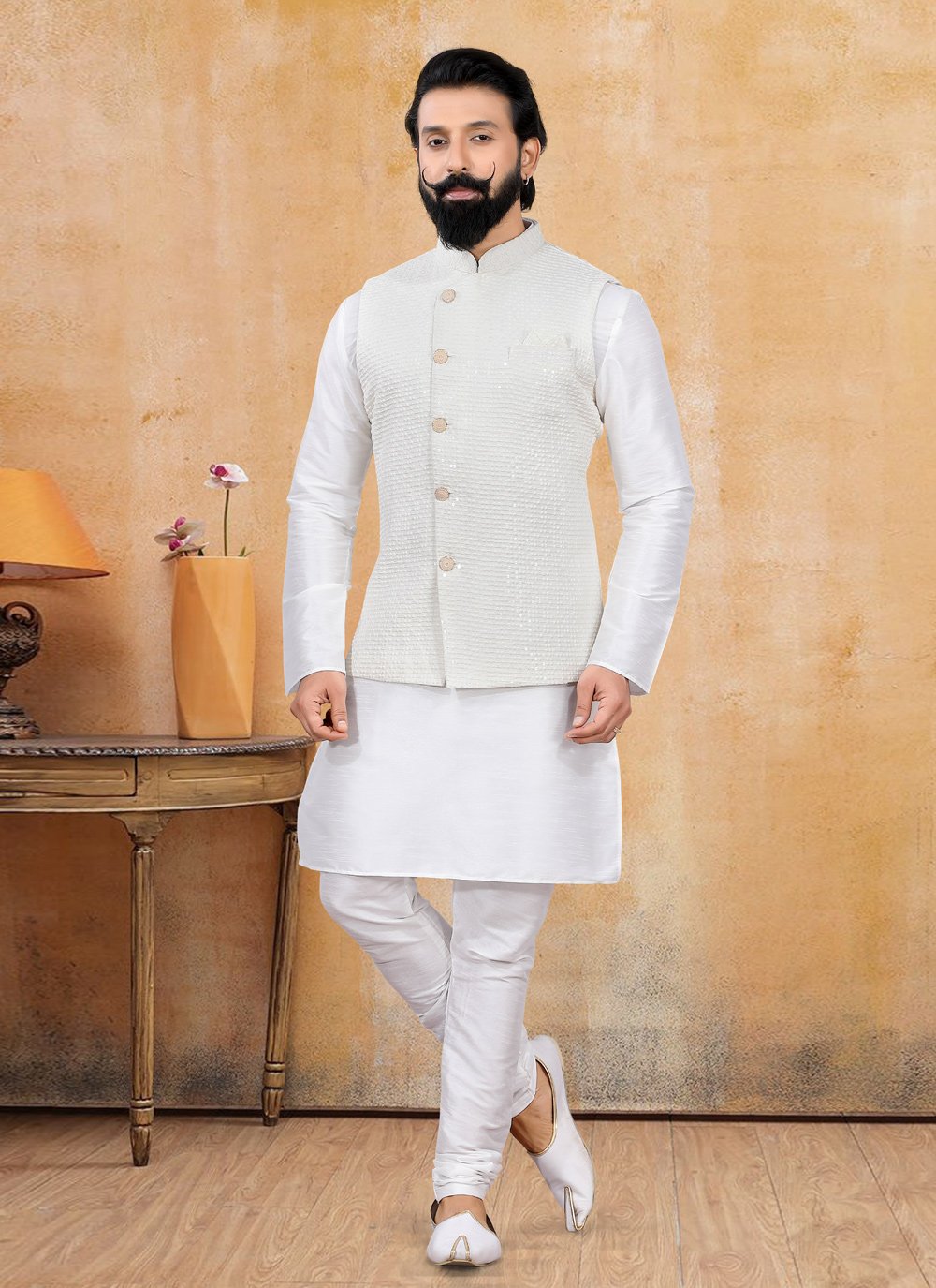 Nehru Jackets Lucknowi Cream Fancy Work Mens