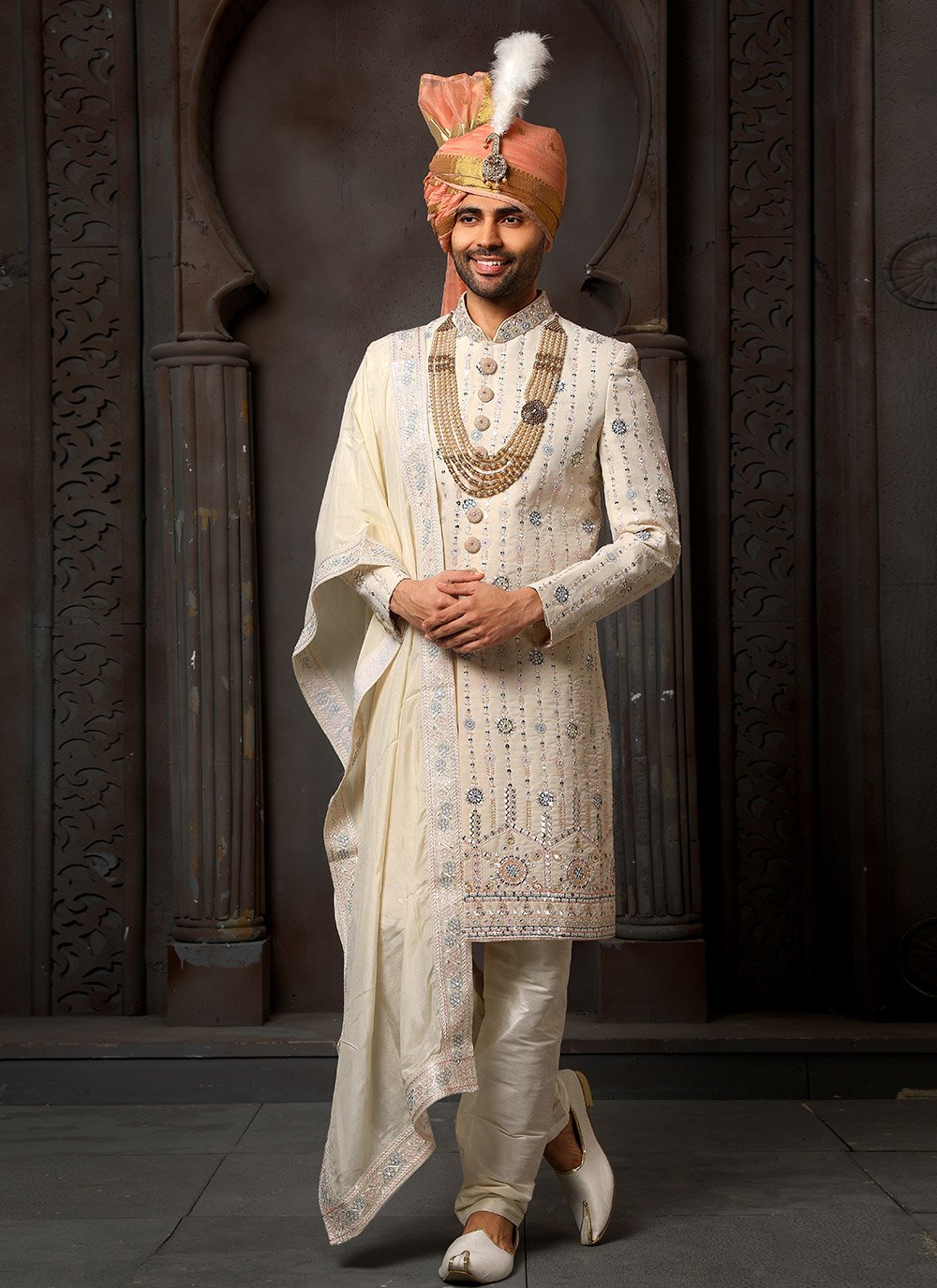 Sherwani Georgette Cream Machine Embroidery Mens