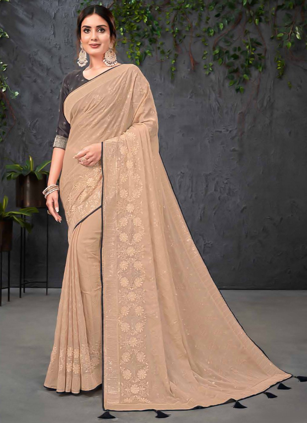 Classic Chanderi Cream Embroidered Saree