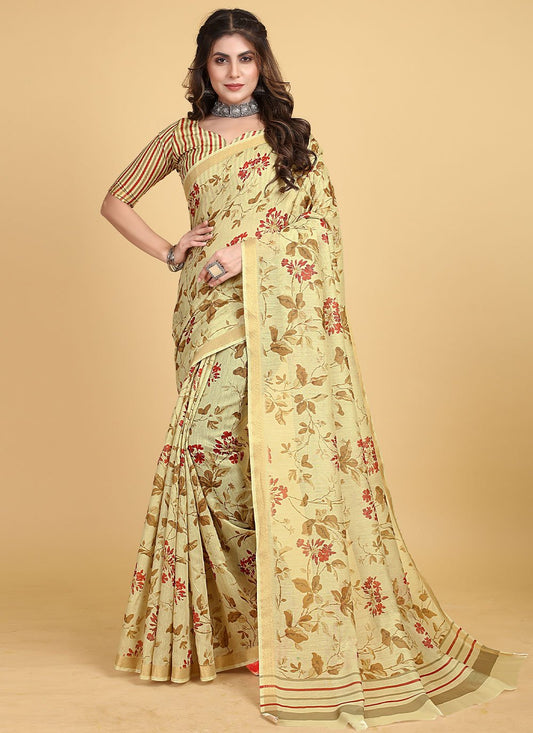 Contemporary Chanderi Cotton Cream Print Saree