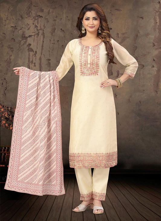 Pant Style Suit Chanderi Silk Cream Embroidered Salwar Kameez