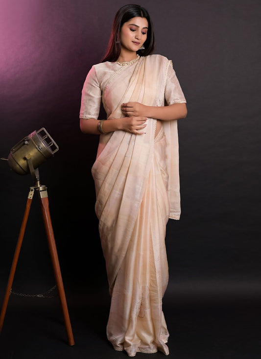 Classic Chiffon Cream Patch Border Saree