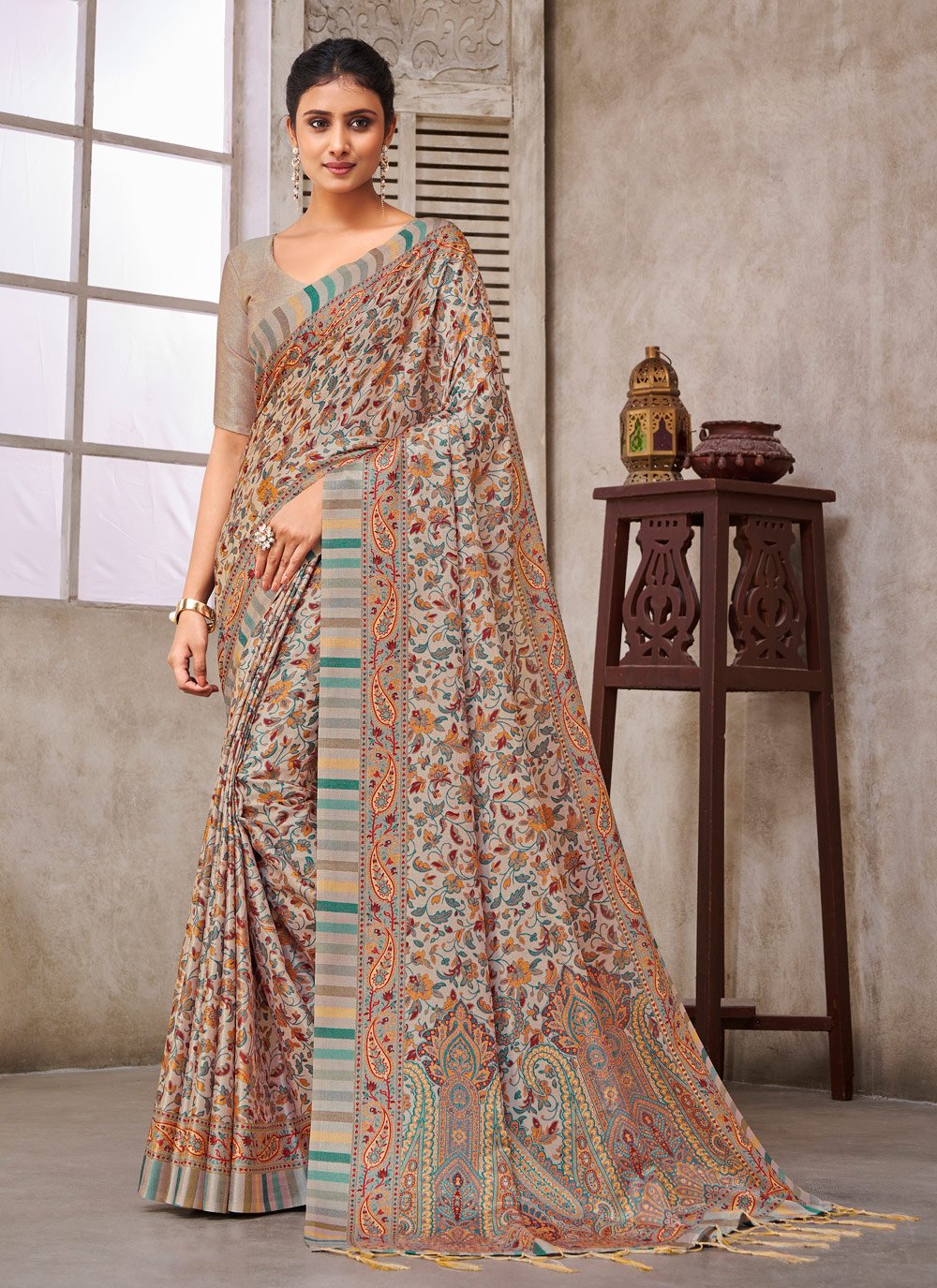 Designer Crepe Silk Cream Digital Print Saree