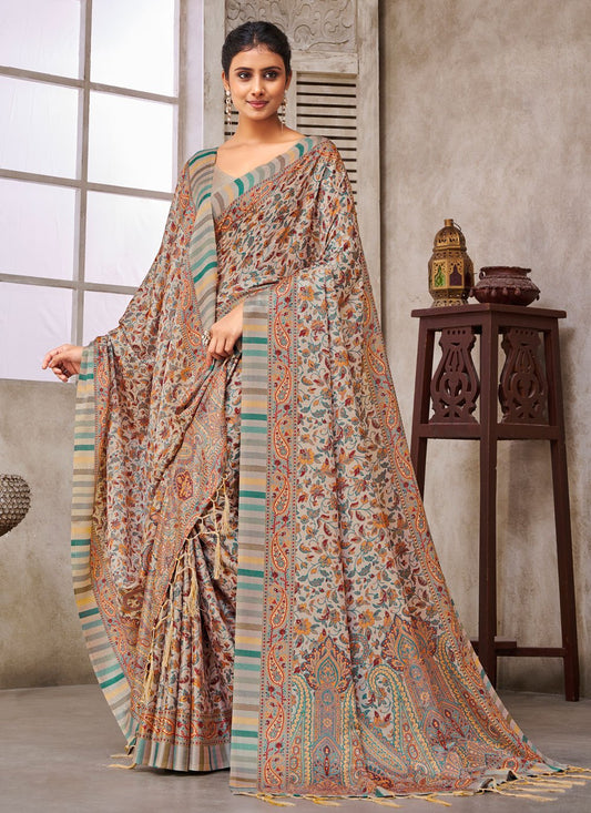 Designer Crepe Silk Cream Digital Print Saree