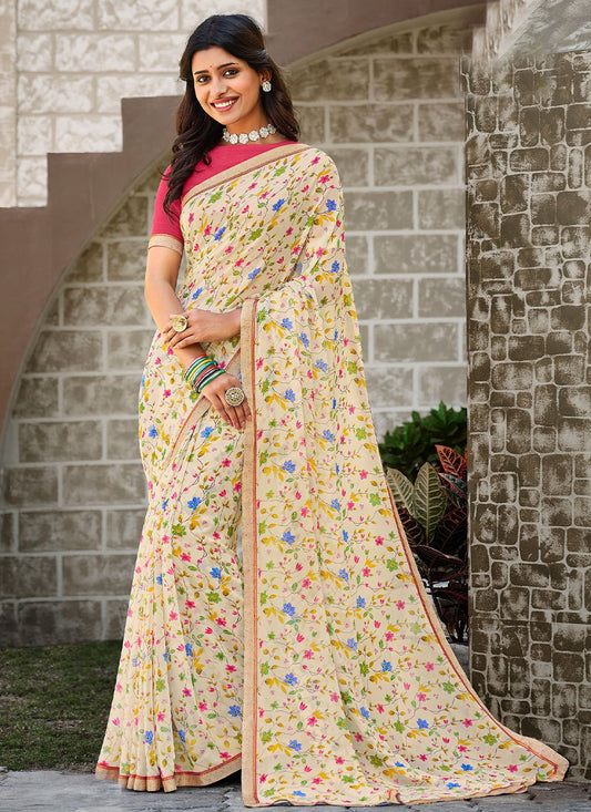 Classic Georgette Cream Fancy Work Saree