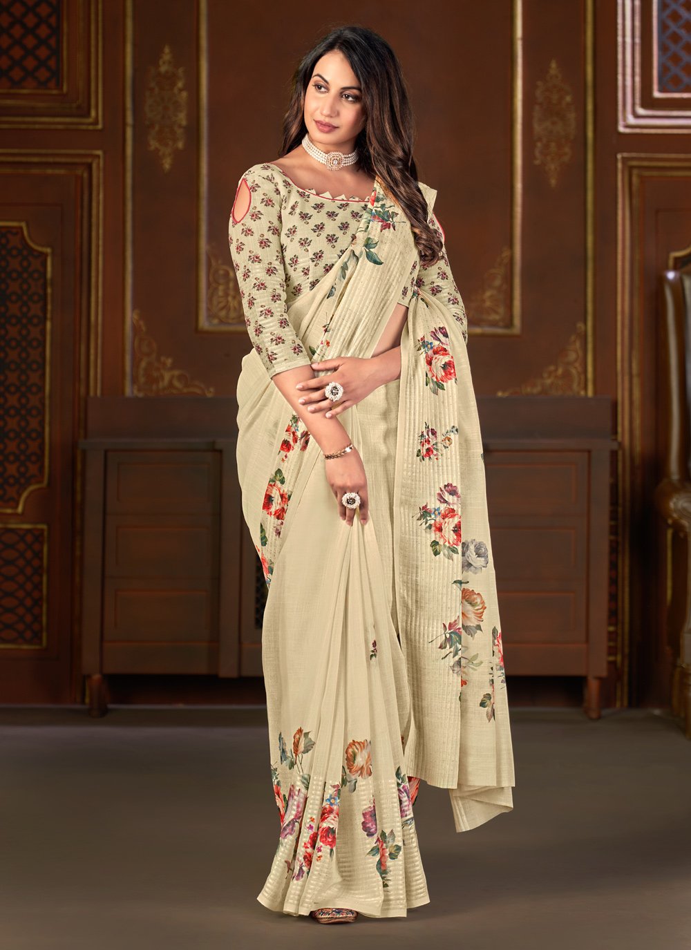 Designer Linen Cream Floral Patch Saree