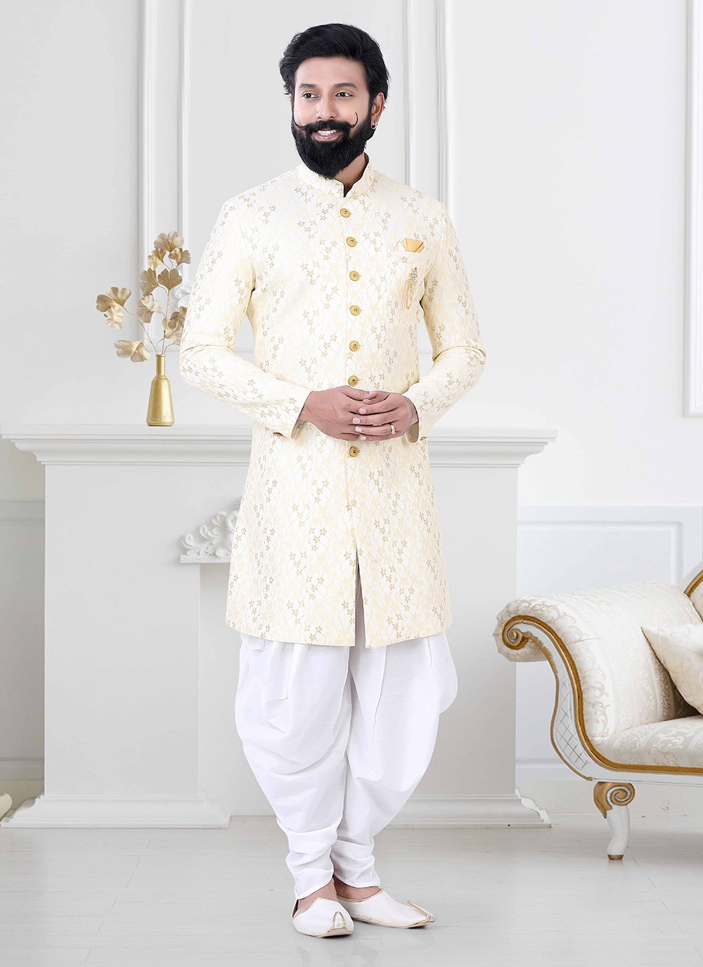 Indo Western Jacquard Cream Woven Mens