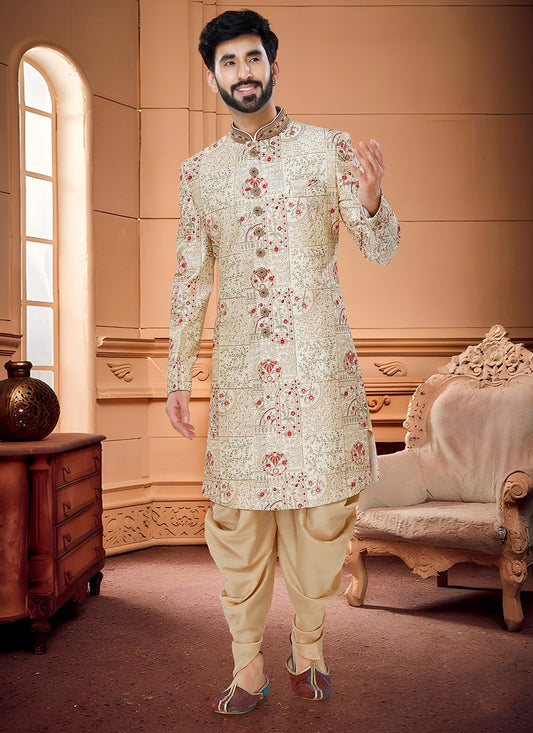 Indo Western Sherwani Silk Cream Hand Work Mens