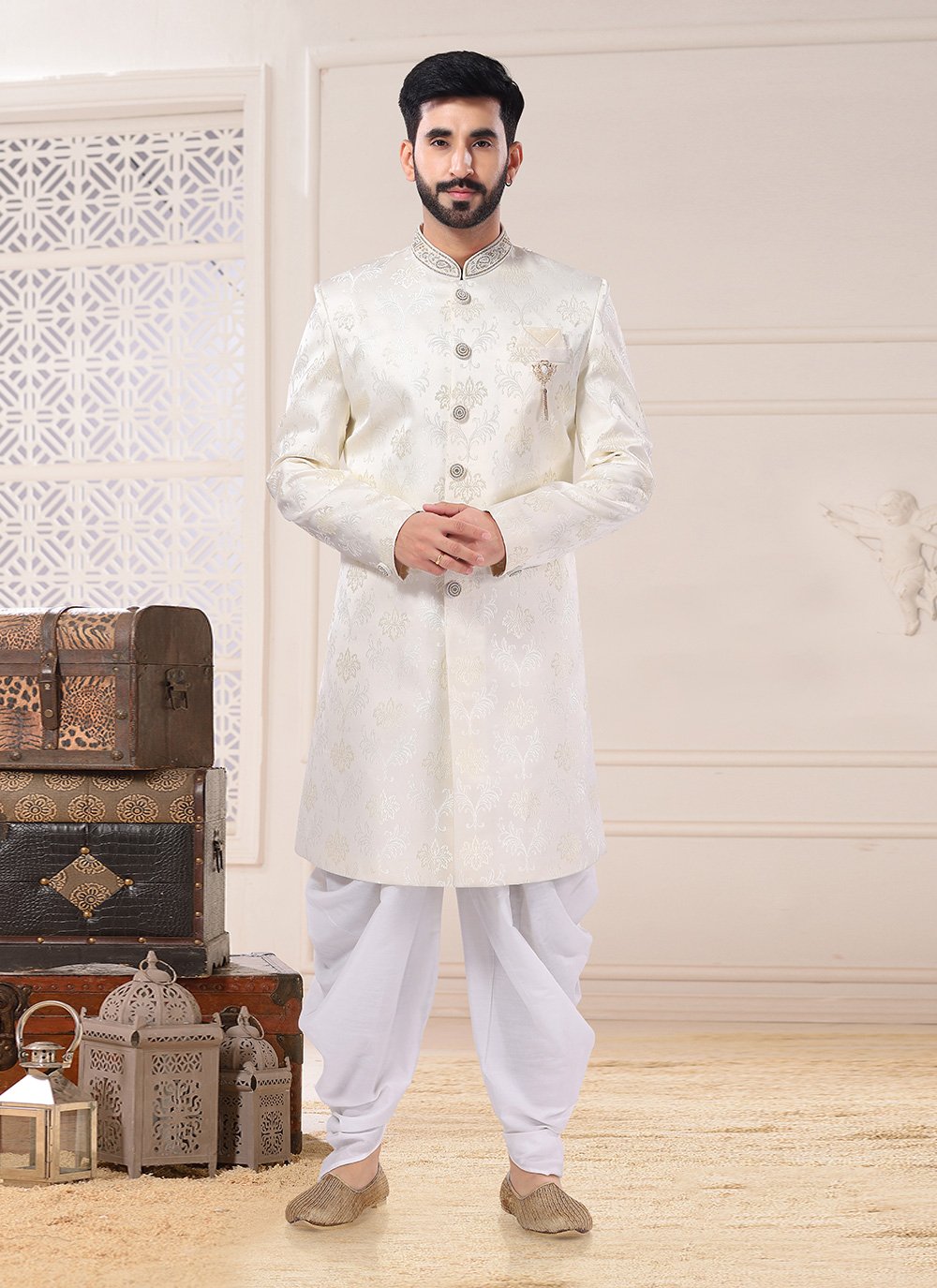 Indo Western Sherwani Jacquard Cream Embroidered Mens