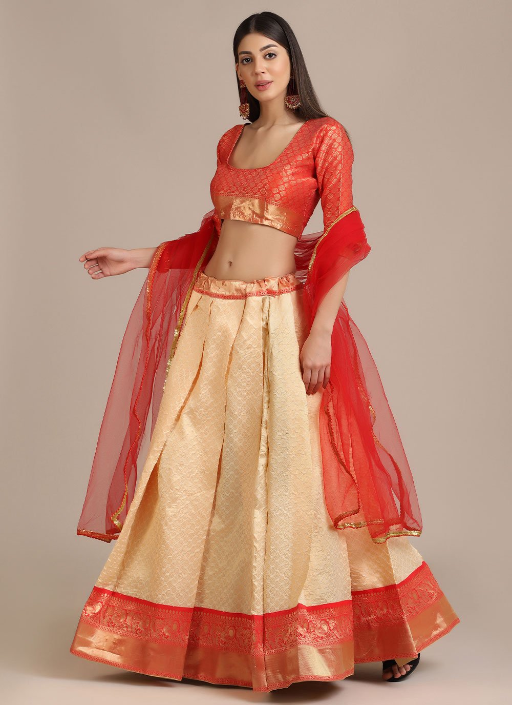 Lehenga Choli Jacquard Cream Woven Lehenga Choli