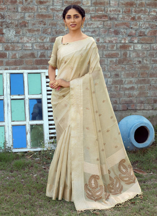 Trendy Saree Linen Tissue Cream Woven Saree