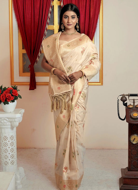 Contemporary Satin Silk Cream Weaving Saree