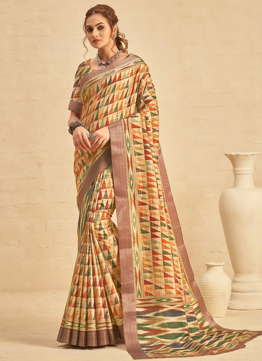 Contemporary Silk Cream Digital Print Saree