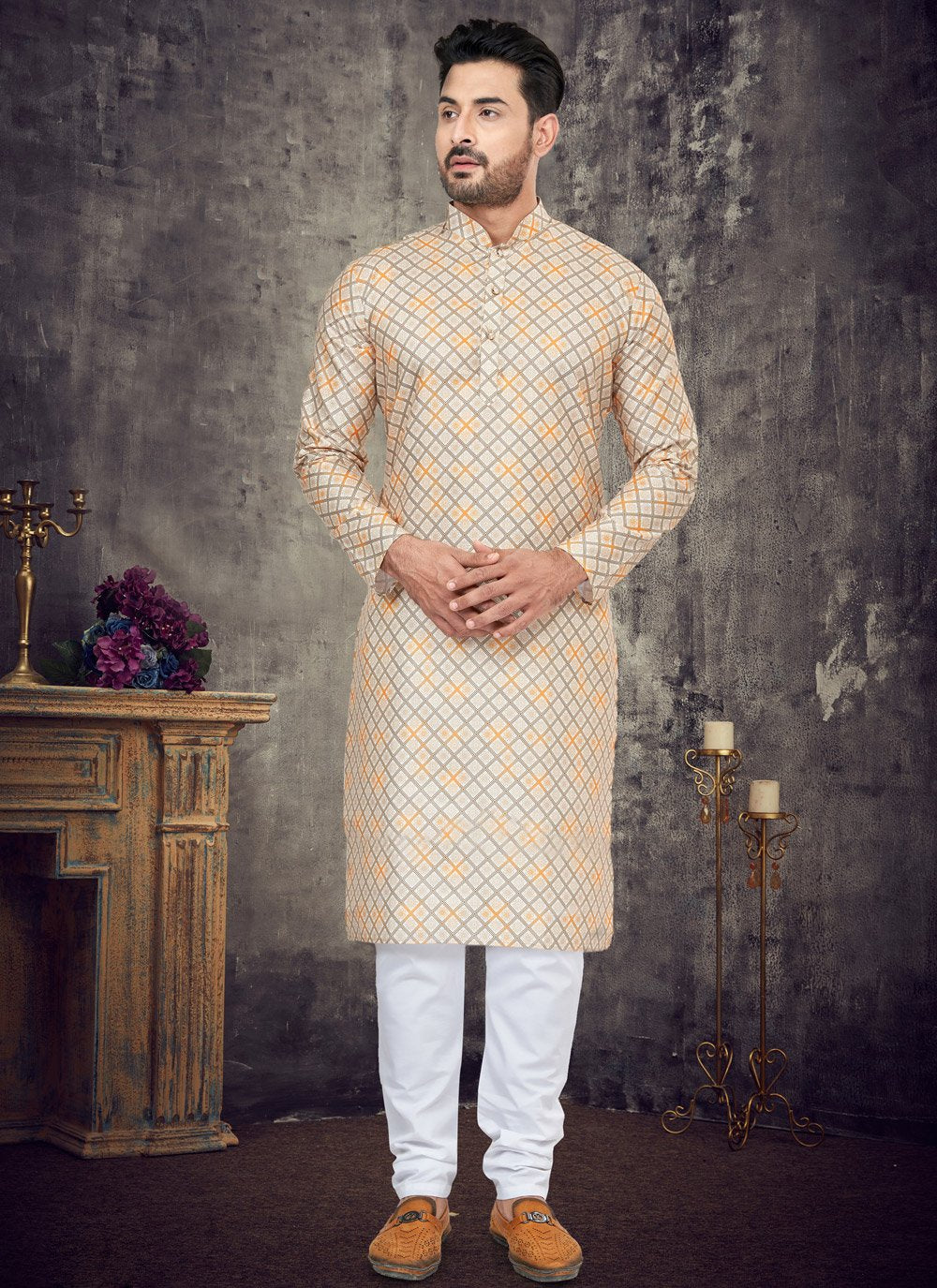 Kurta Pyjama Cotton Cream Digital Print Mens