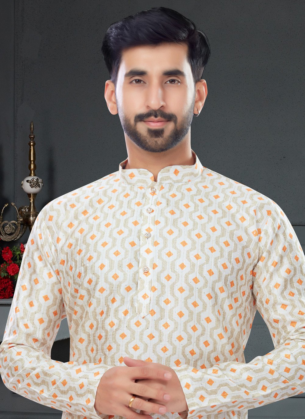 Kurta Pyjama Silk Cream Digital Print Mens