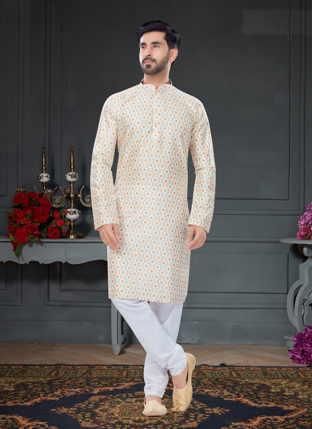 Kurta Pyjama Silk Cream Digital Print Mens