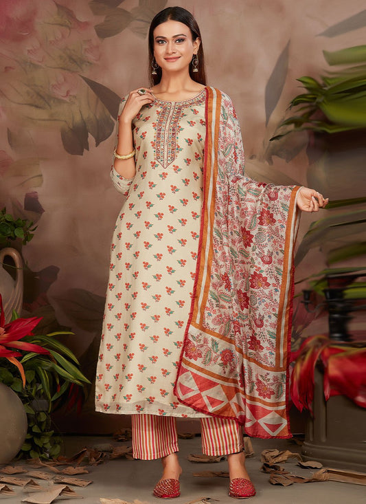 Straight Salwar Suit Muslin Cream Digital Print Salwar Kameez