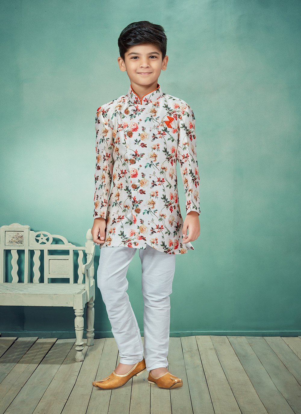 Indo Western Silk Cream Digital Print Kids