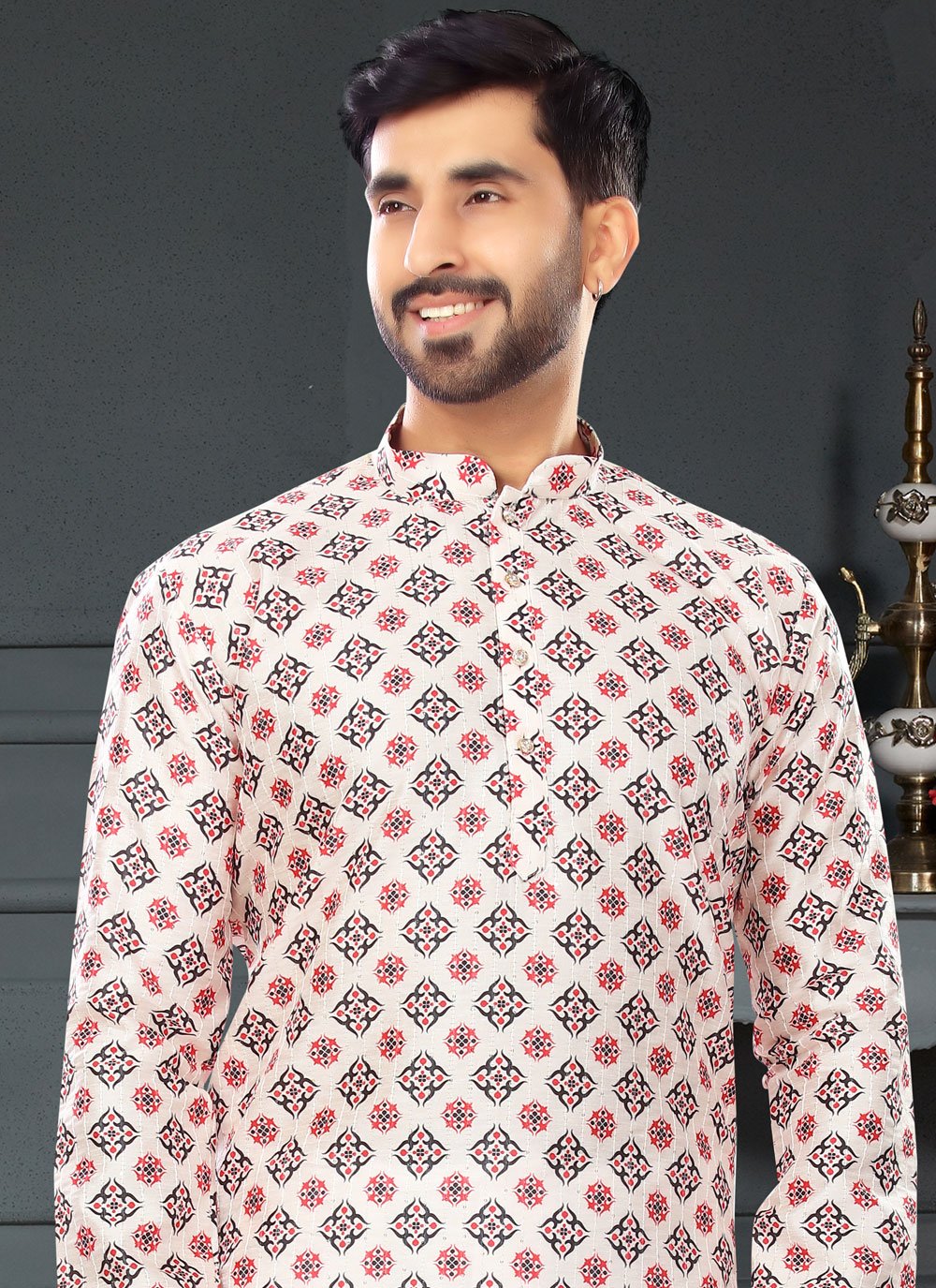 Kurta Pyjama Silk Cream Digital Print Mens