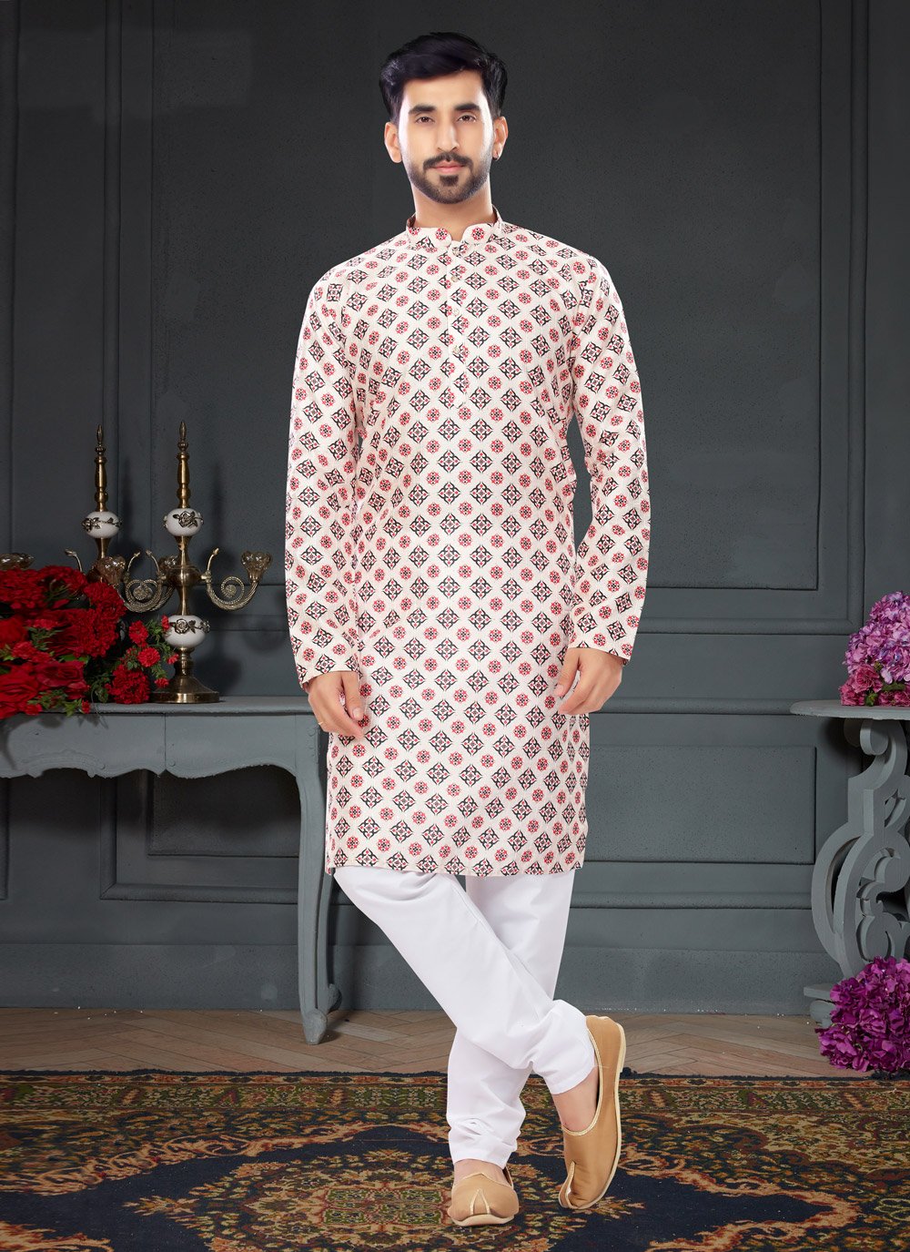 Kurta Pyjama Silk Cream Digital Print Mens