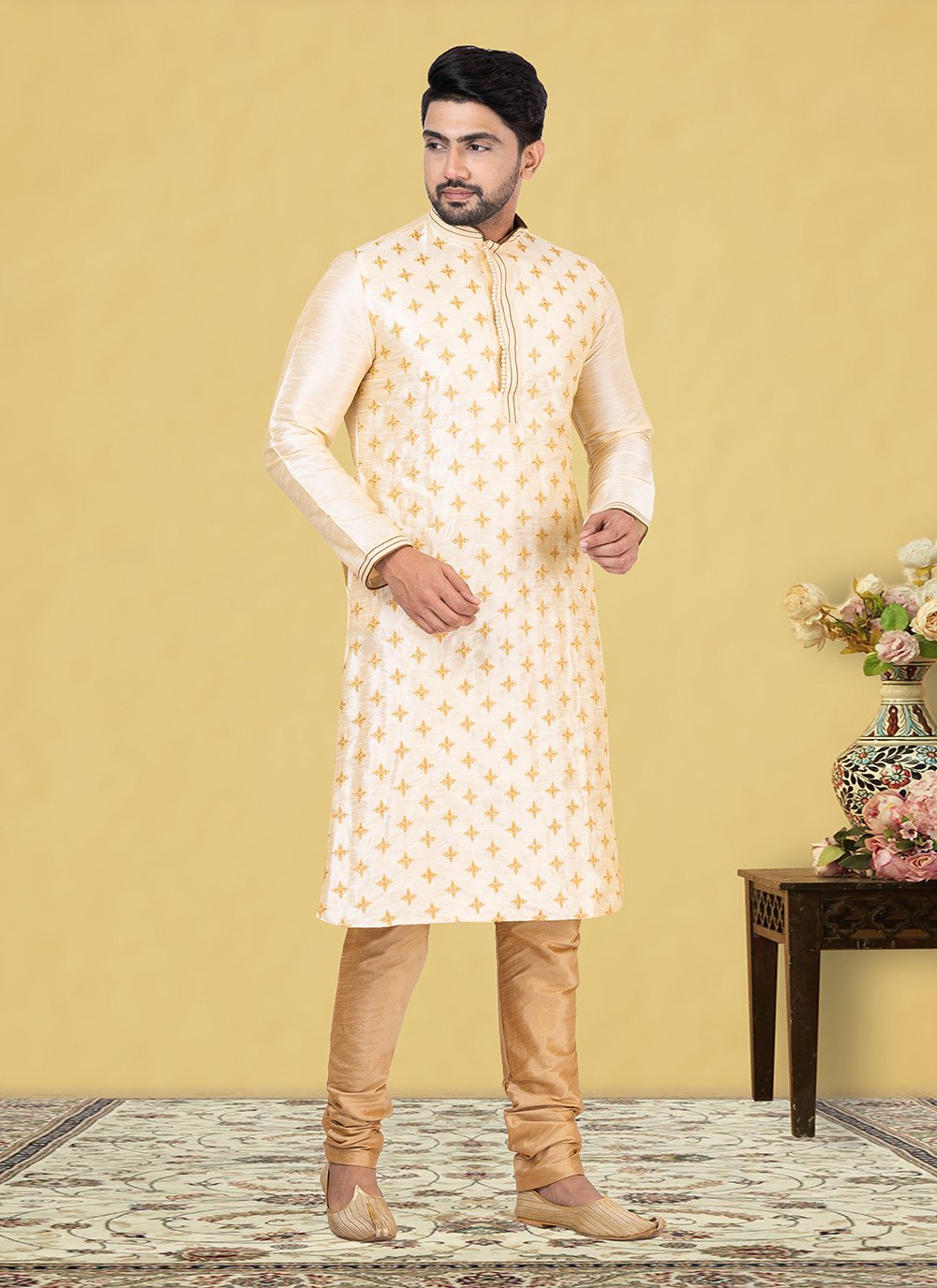 Kurta Pyjama Dupion Silk Cream Fancy Work Mens