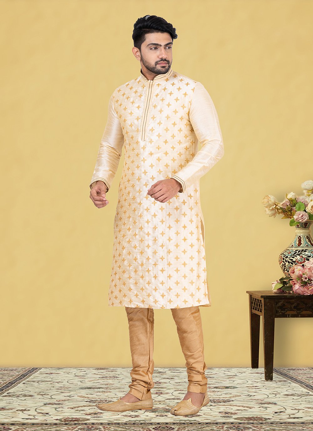 Kurta Pyjama Dupion Silk Cream Fancy Work Mens