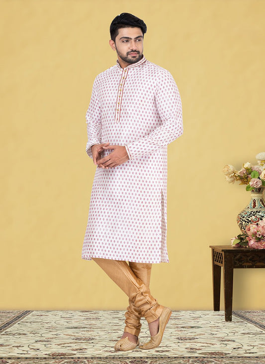 Kurta Pyjama Dupion Silk Cream Fancy Work Mens