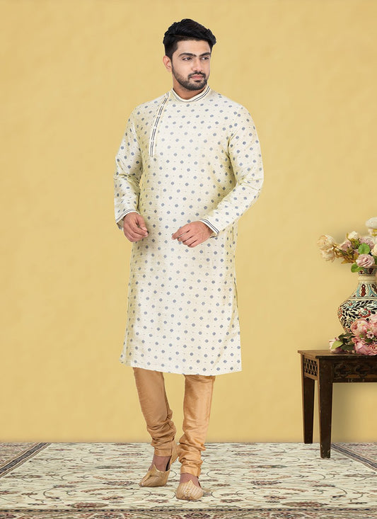 Kurta Pyjama Dupion Silk Cream Fancy Work Mens