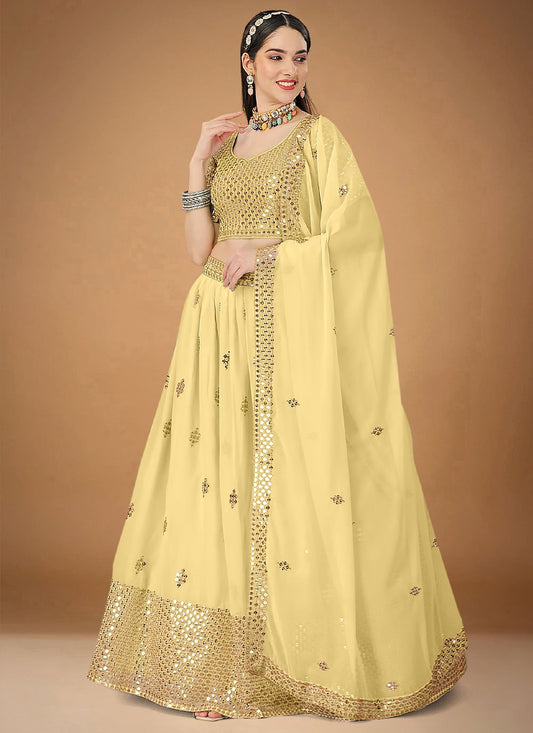 A Line Lehenga Faux Georgette Cream Embroidered Lehenga Choli