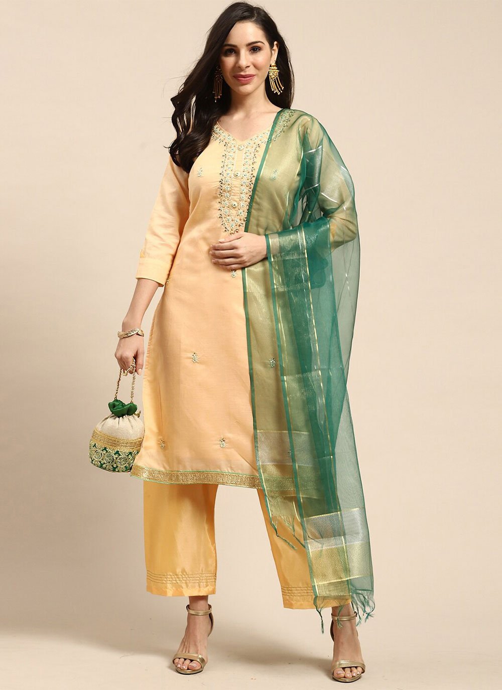 Salwar Suit Silk Blend Cream Embroidered Salwar Kameez