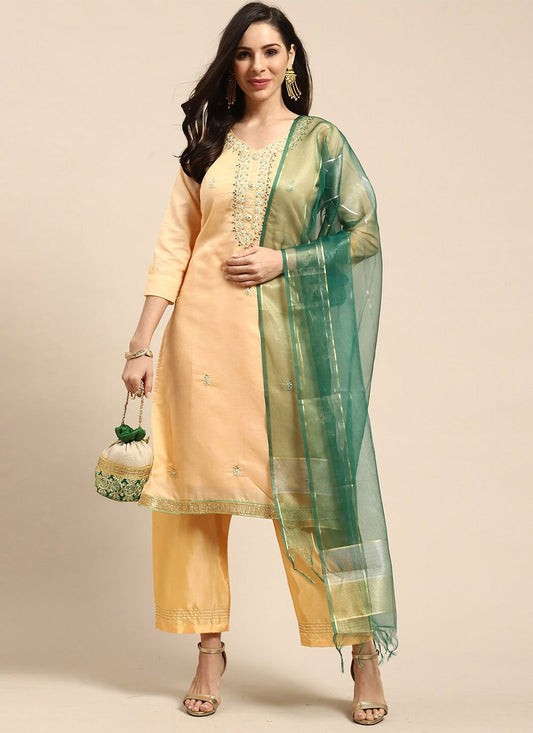 Salwar Suit Silk Blend Cream Embroidered Salwar Kameez