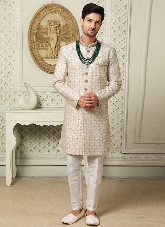 Indo Western Art Silk Cream Embroidered Mens