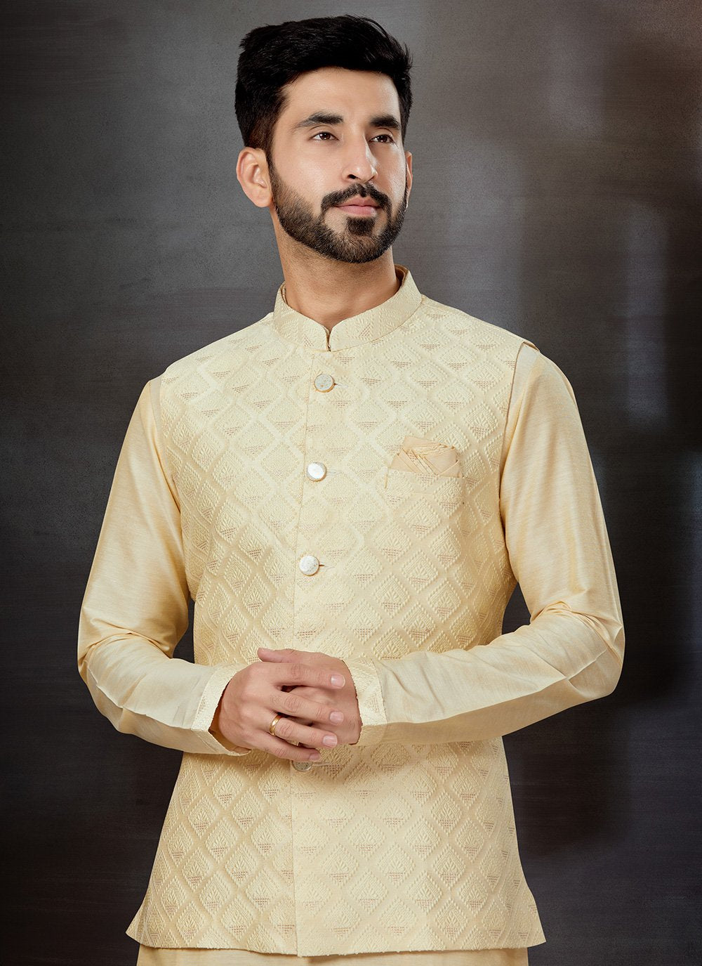 Kurta Payjama With Jacket Dupion Silk Jacquard Cream Embroidered Mens