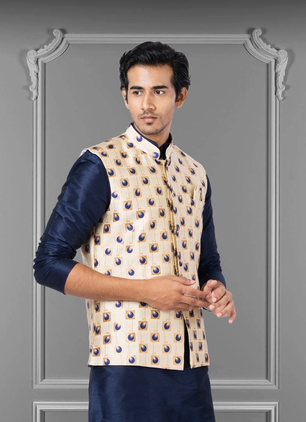 Nehru Jackets Jacquard Silk Cream Embroidered Mens