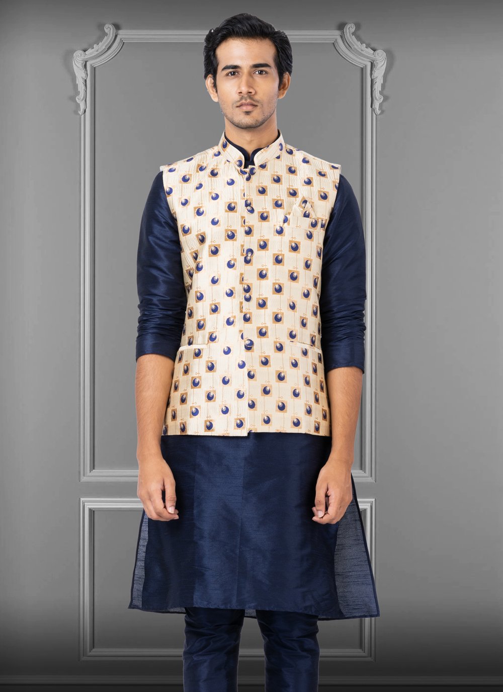 Nehru Jackets Jacquard Silk Cream Embroidered Mens