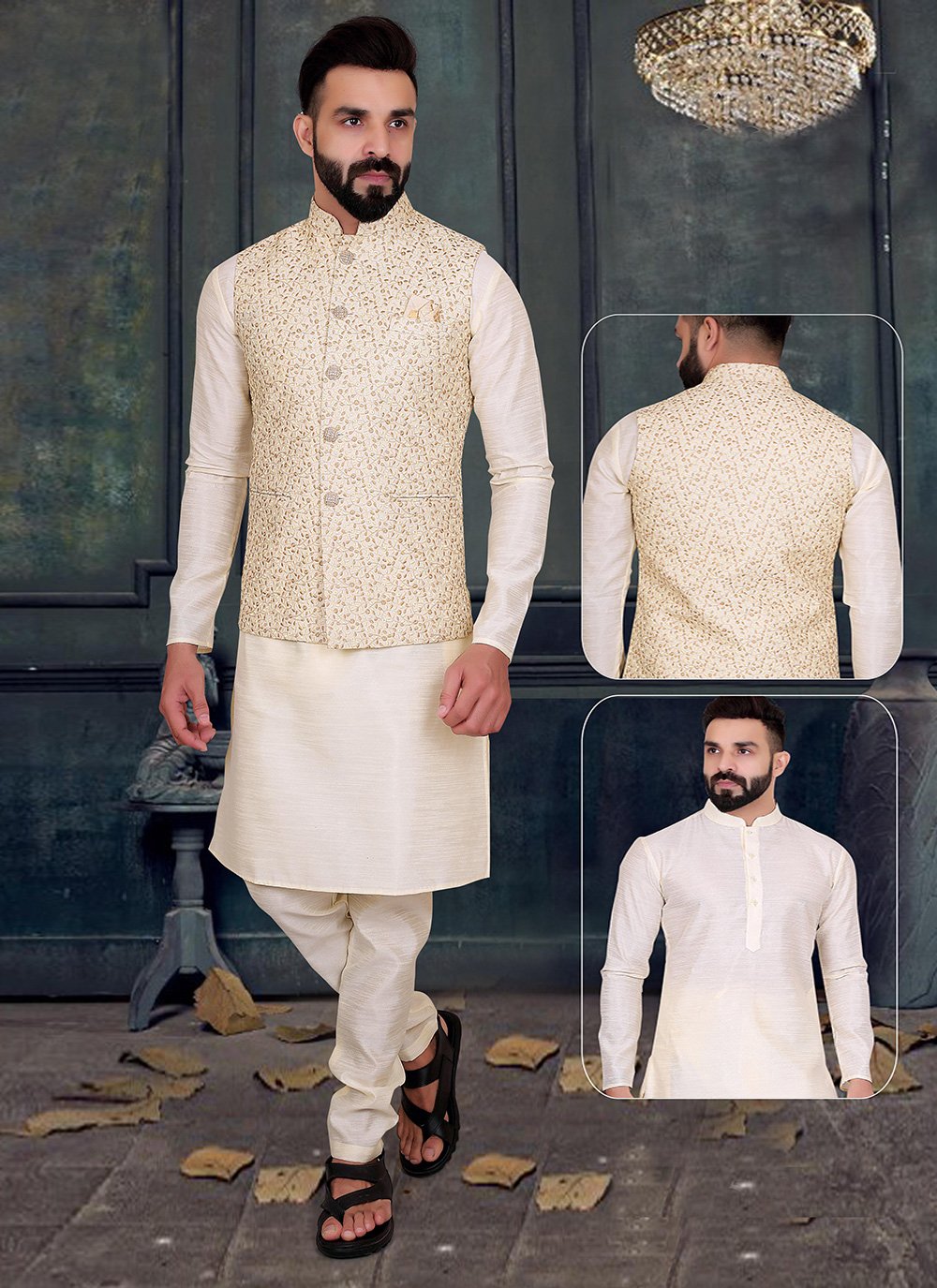 Kurta Payjama With Jacket Lucknowi Cream Embroidered Mens