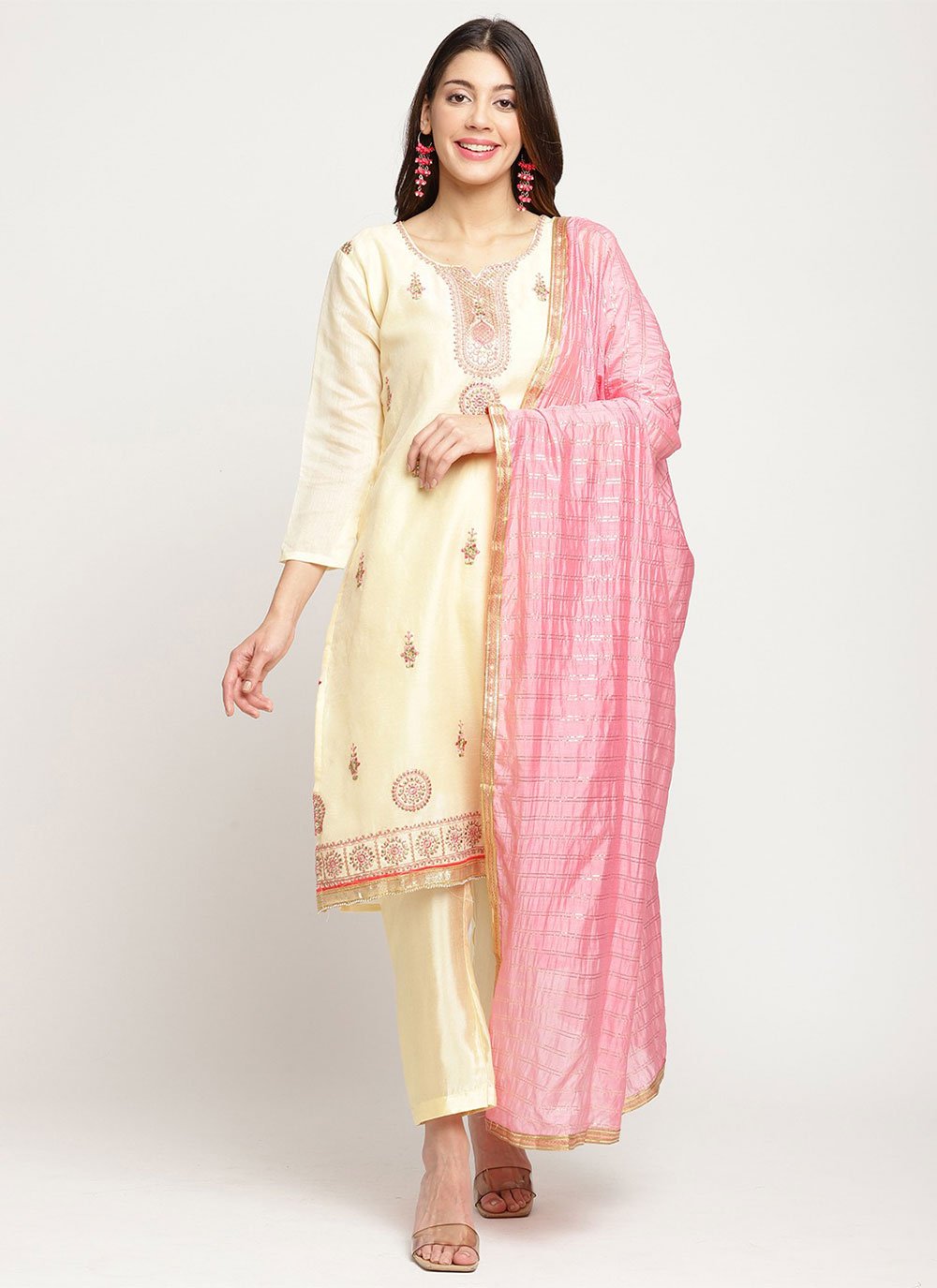 Salwar Suit Silk Blend Cream Embroidered Salwar Kameez