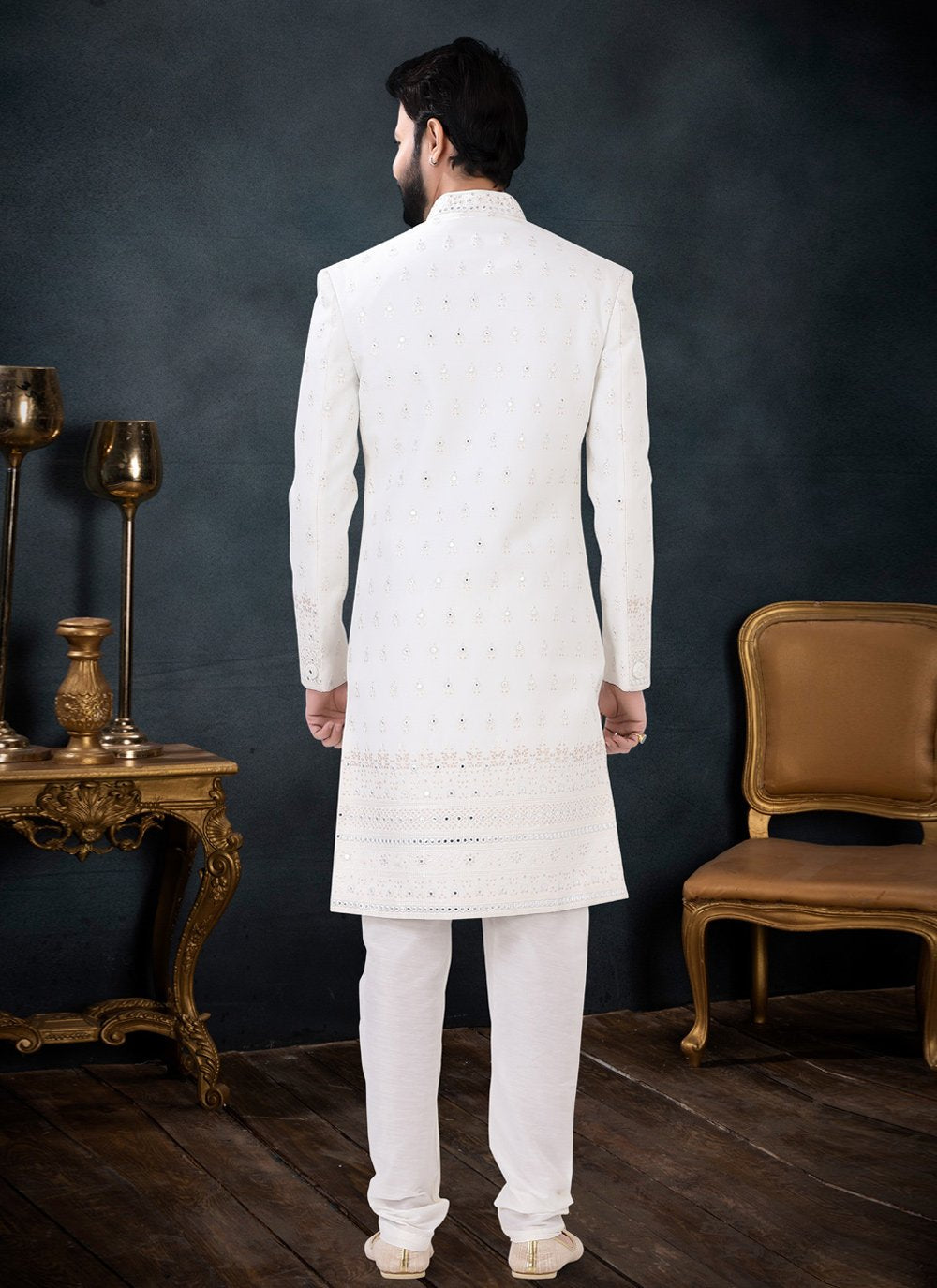 Indo Western Sherwani Silk Cream Embroidered Mens