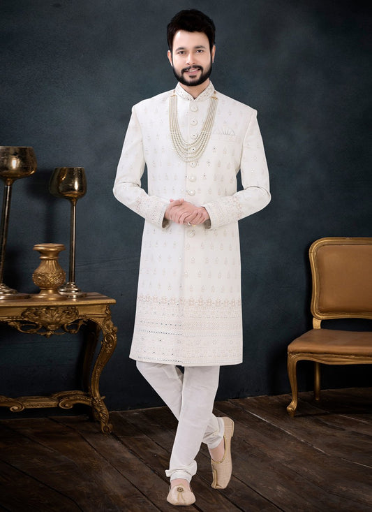 Indo Western Sherwani Silk Cream Embroidered Mens