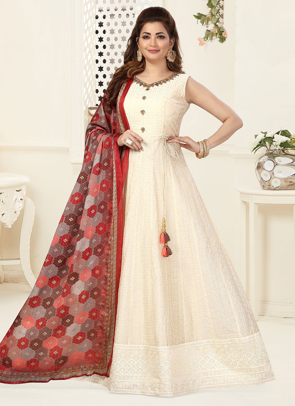 Salwar Suit Silk Cream Embroidered Salwar Kameez