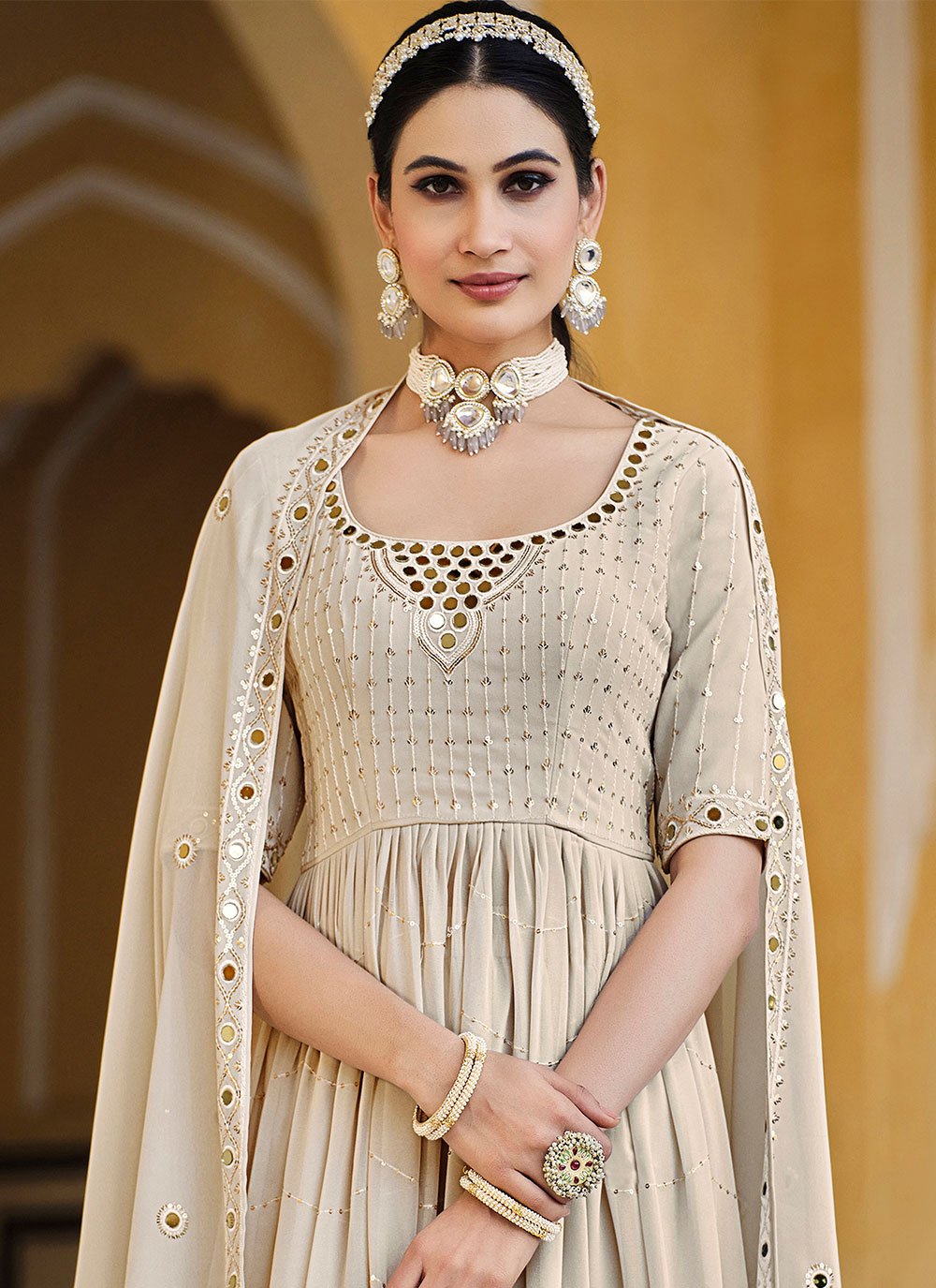 Palazzo Salwar Suit Georgette Cream Embroidered Salwar Kameez